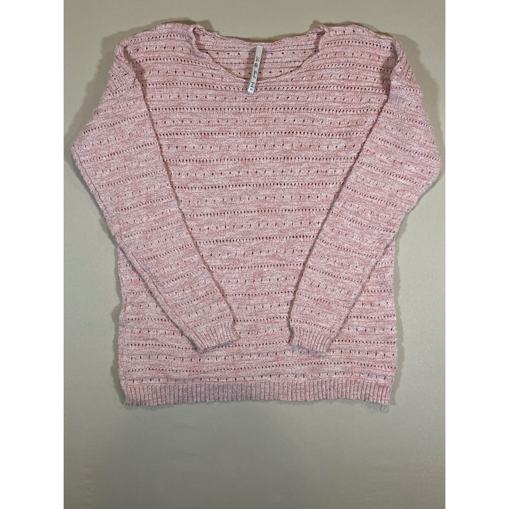 Leo & Nicole Womens Pink White Marled Pointelle Open Knit Scoop Neck Sweater M